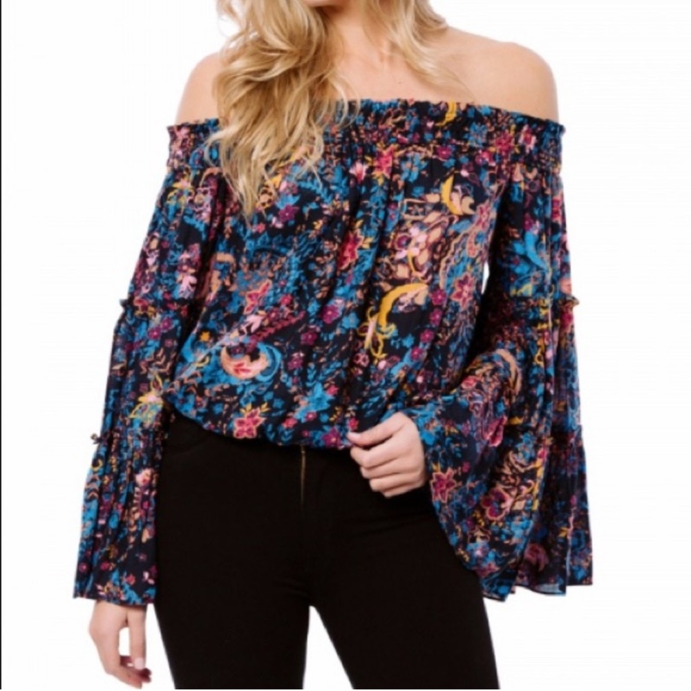 Free People Black and Pink/blue Off-the-Shoulder Bell‎ Sleeve Blouse